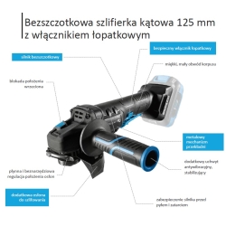 Bezszczotkowa szlifierka kątowa 125 mm z włącznikiem łopatkowym 18V HT2E232-0AG Hogert